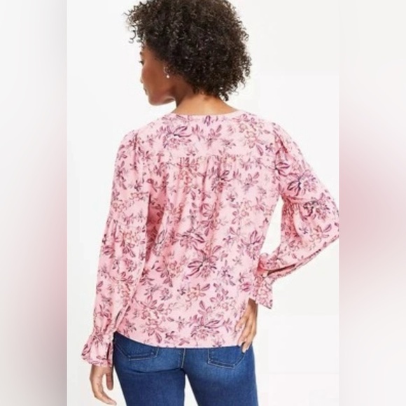 Loft Floral Ruffle Tie Neck Top Blossom Blouse Pink Floral Career and Casual - Picture 2 of 11